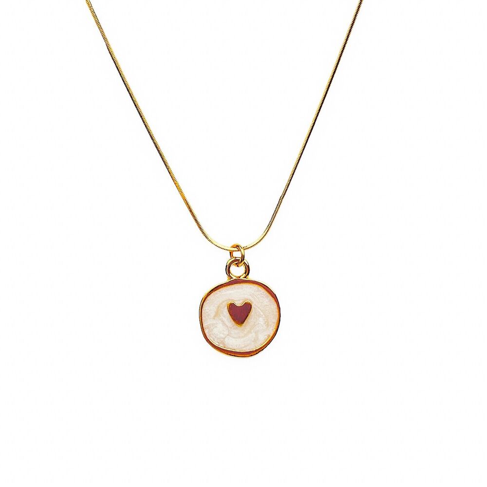 Heart Pendant Necklace Round White Enamel Swirl Shiny Gold Tone Snake Chain